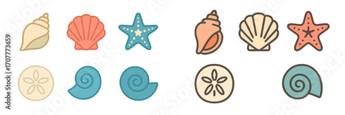 Assortment of vibrant marine seashells, conch shells, sand dollars, and starfish in a clean icon style