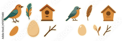 Spring nature elements collection with birds, birdhouses, feathers, eggs, and twigs in a flat graphic style