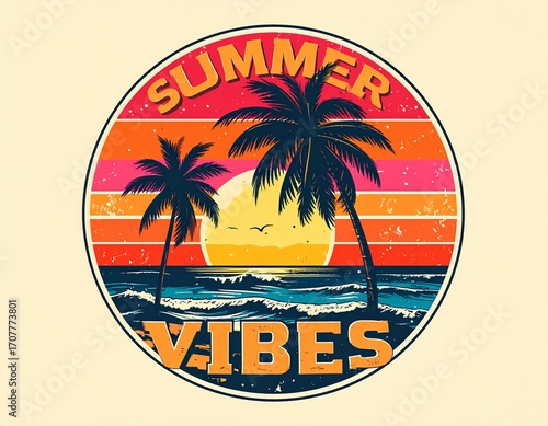 A T-shirt design for summer vibes with palm tree and beach scene 
