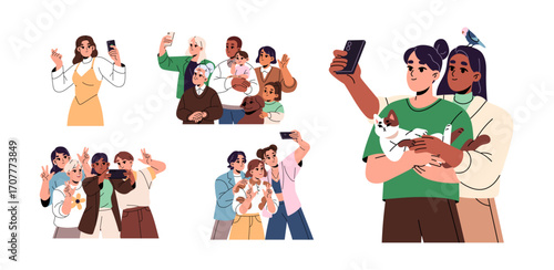 Set of people taking selfies. Families with kids, couples with pets, friends do joint photos. Characters do photograph by phone together. Photography. Flat isolated vector illustrations on white