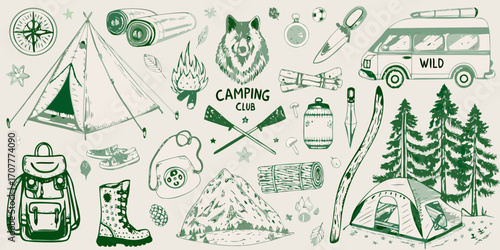 Collection of hand drawn camping and outdoor adventure elements for nature enthusiasts