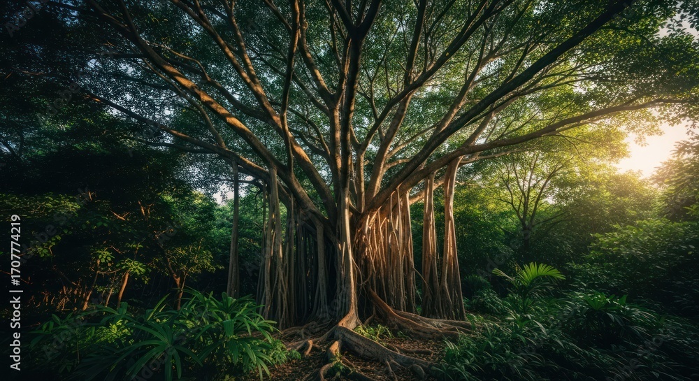 Fototapeta premium Massive tree canopy, sunlight filters through