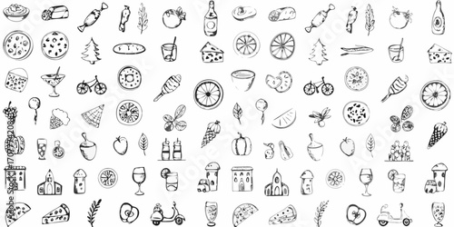 A whimsical collection of hand drawn food and drink icons with buildings and vehicles