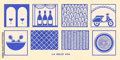 La dolce vita collage featuring italian icons and patterns in blue and cream