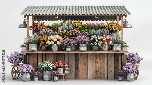 A flower stand filled with various flowers in metal buckets under a metal roof on a white background
