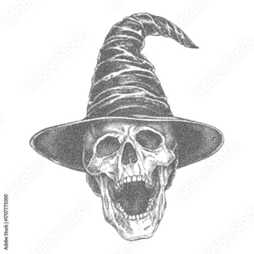 Vintage halftone engraving of scary skull in witch hat, stippling photocopy texture with grunge and retro effect, horror occult vector illustration for Halloween dark design projects