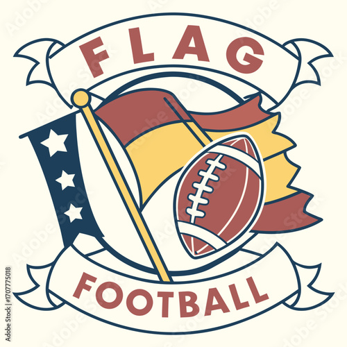Flag football emblem with flags and football Keywords: flag football, sport, game, emblem, logo, badge, ribbon, banner, flags, American football, team sport, competition, athletic, recreation