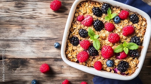 Homemade sweet baked oatmeal casserole with fruit for breakfast