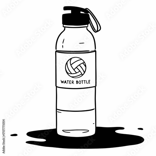 Hand- Drawn Water Bottle with Volleyball Label and Spilled Liquid hydration drink