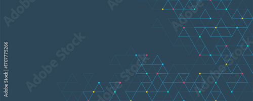Abstract geometric triangular network with colorful dots on dark background