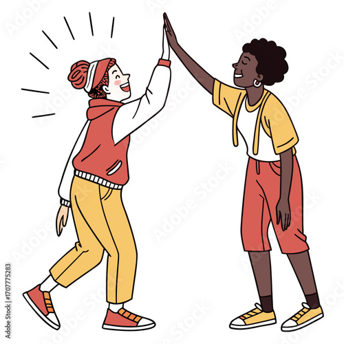 Two smiling women giving each other a high five in a casual illustration success celebration