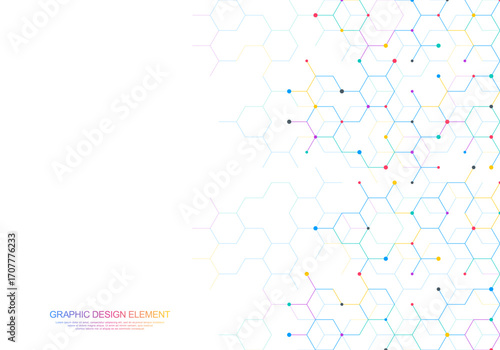 Abstract hexagonal molecular structure with colorful dots on white background