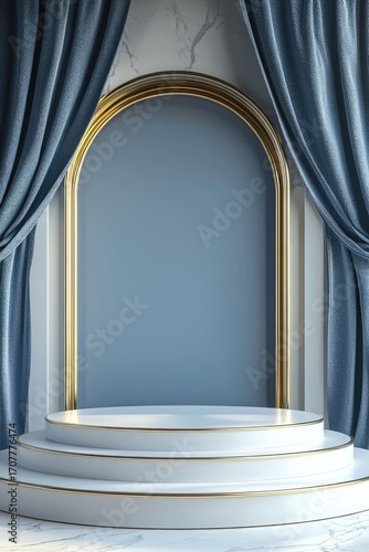 Modern White Podium with Gold Frame and Elegant Drapery