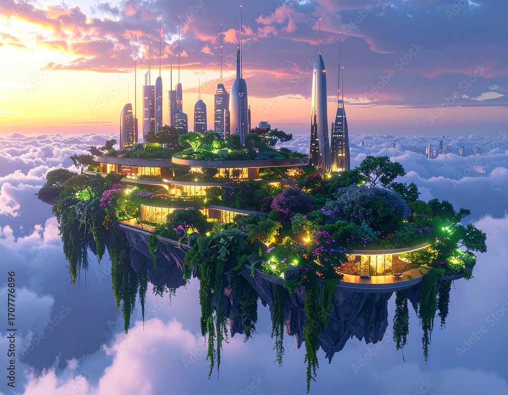 Fototapeta premium Dreamlike Futuristic Floating City in the Clouds with Lush Garden Architecture
