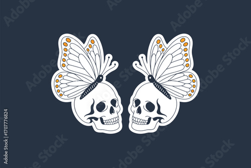 Two skulls adorned with butterfly wings facing each other on a dark blue background in illustration