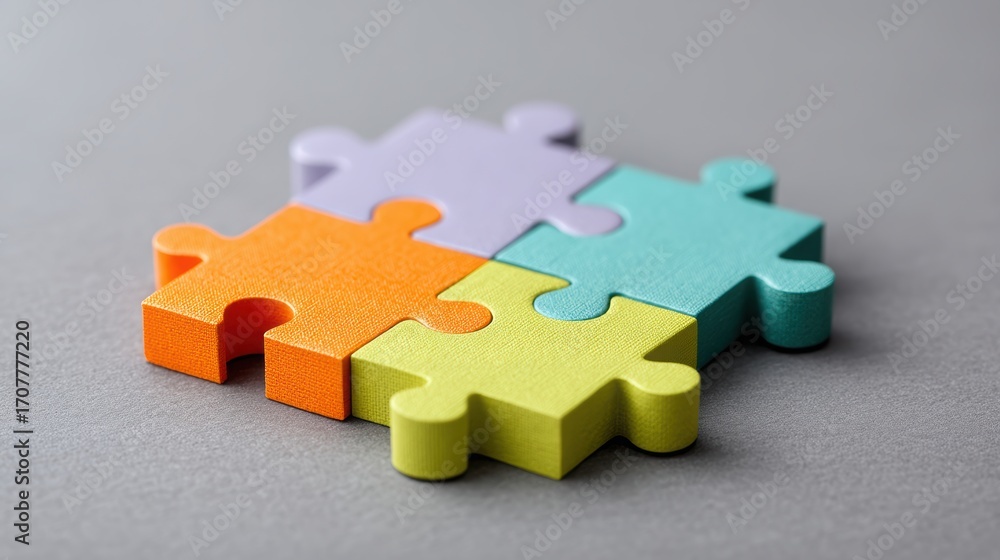 Fototapeta premium Community engagement Colorful puzzle pieces arranged on a surface, symbolizing problem-solving and creativity.