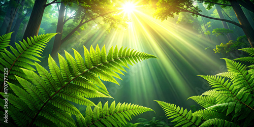 Sunlight filtering through lush green ferns in a dense, vibrant forest creating a beautiful, natural scene