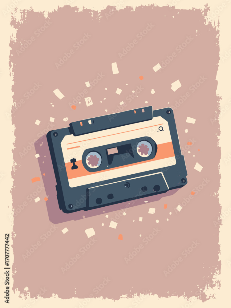 Fototapeta premium Cassette mixtape motif — hand-drawn labels and scotch tape bits, muted mauve background with grain texture
