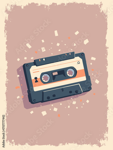 Cassette mixtape motif — hand-drawn labels and scotch tape bits, muted mauve background with grain texture