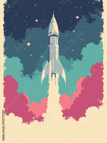 Retro futurism poster — chrome rocket silhouette, ray pattern, gradient teal-to-magenta nebula backdrop