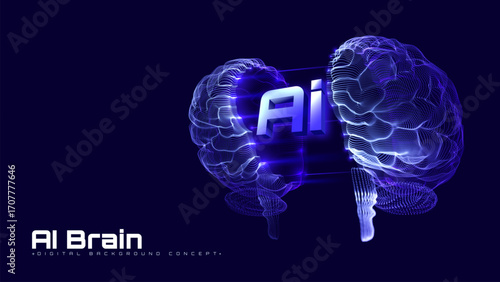 Ai brain particle light on blue background. Artificial intelligence deep learning. Digital scene design concept.