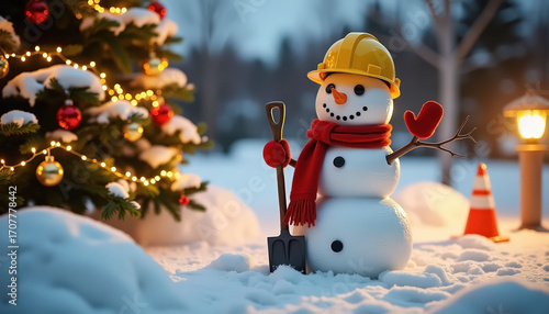 builder snowman in yellow helmet with red scarf holding shovel beside Christmas tree with lights. snowy evening with glowing lanterns and road cone. winter construction holiday..