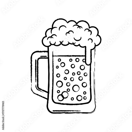 Grungy sketch illustration of a cold beer mug with overflowing foam and bubbles vector art