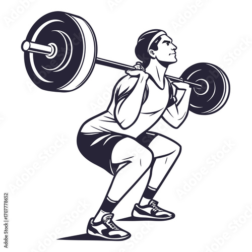 Athletic man with headband performing a barbell back squat on a white background Keywords: man, barbell, squat, weightlifting, exercise, fitness, strength, training, athlete, sport, athletic