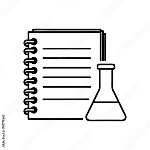 Scientific discovery concept with a chemistry flask and a spiral notebook for lab notes