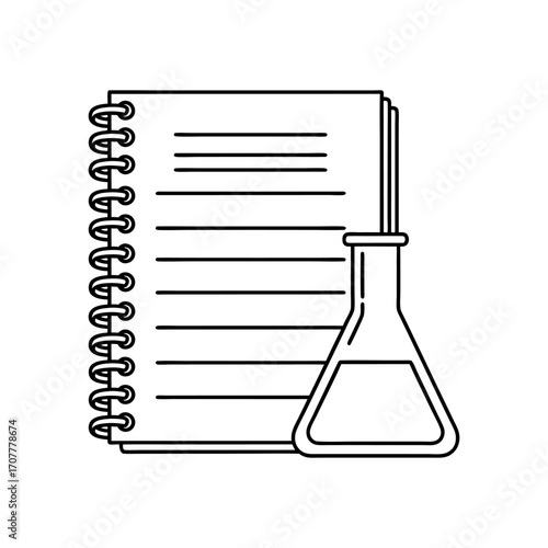 Black and white line art of a laboratory flask and notebook for science research and study
