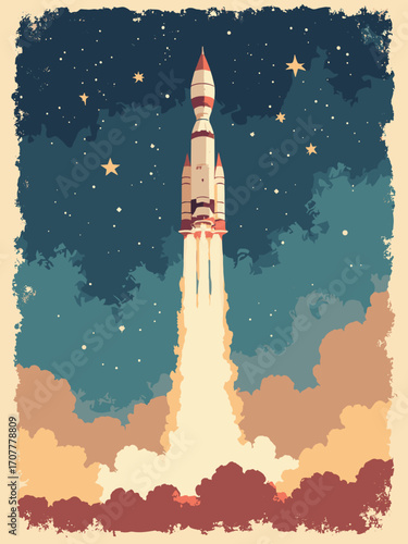 Space age poster — old telescope, star charts, vintage rocket patent diagrams on navy starfield