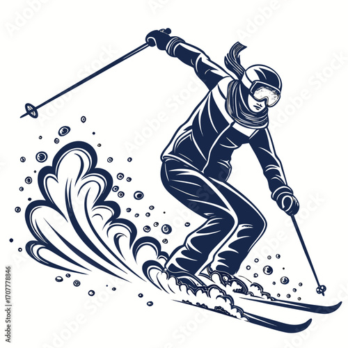Dark blue illustration of a skier kicking up snow while skiing winter sport downhill skiing