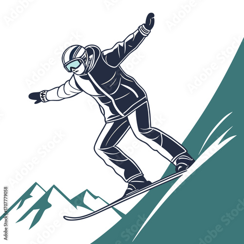 Graphic illustration of a skier on a mountain slope with stylized peaks skiing winter sport