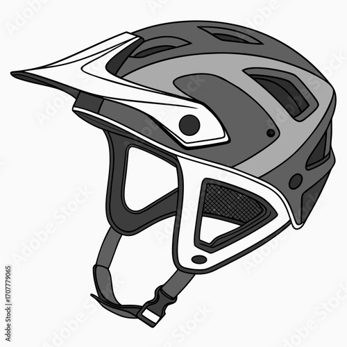 Gray and white mountain bike helmet with visor and straps bicycle cycling