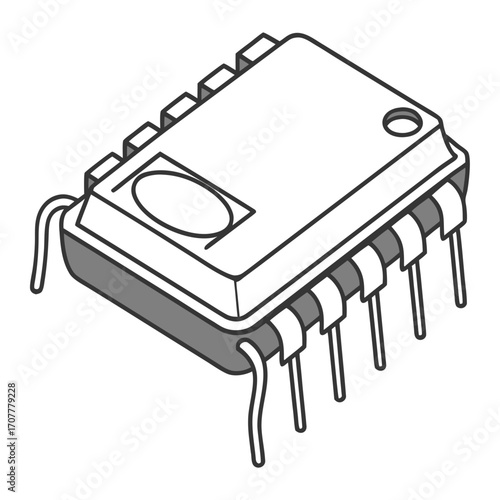 Isometric illustration of a single integrated circuit chip with multiple pins microchip semiconductor