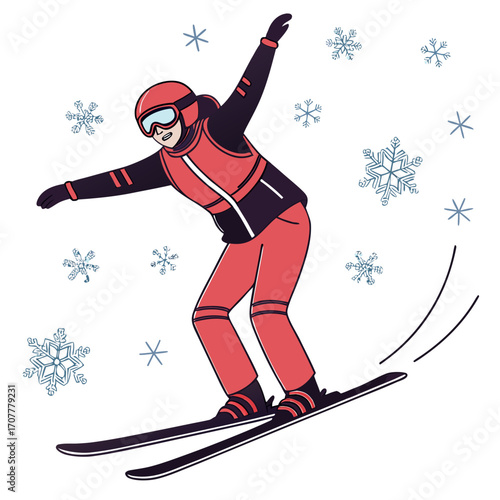 Illustration of a skier in a red suit surrounded by snowflakes skiing winter sport