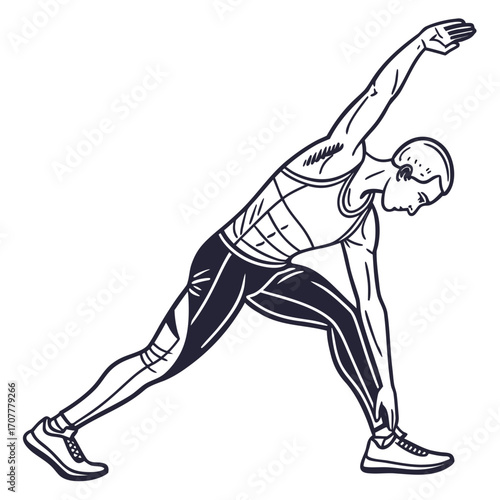 Male athlete performing a side lunge stretch in athletic wear fitness exercise