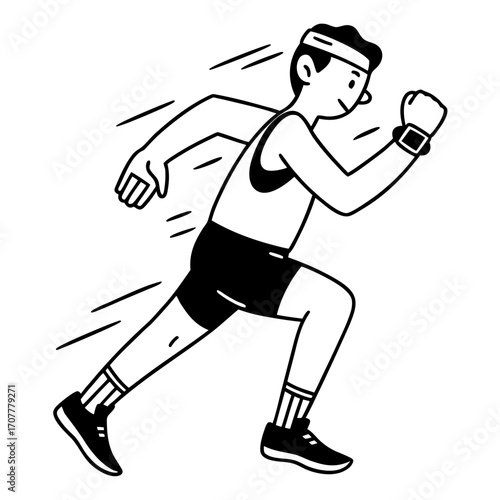 Male athlete running with a smartwatch and headband runner