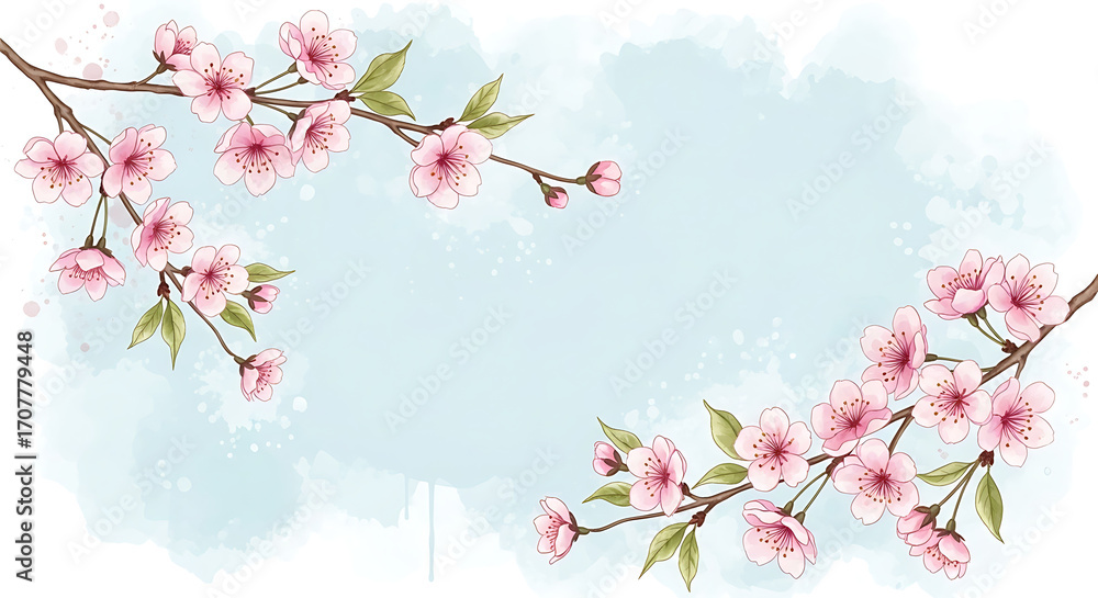 Fototapeta premium Watercolor Cherry Blossom Branches Frame Spring Pastel Background Floral Design
