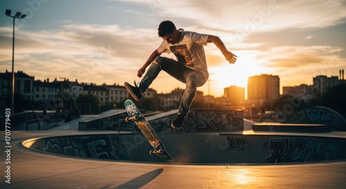 Skater jumps in a bowl at sunset