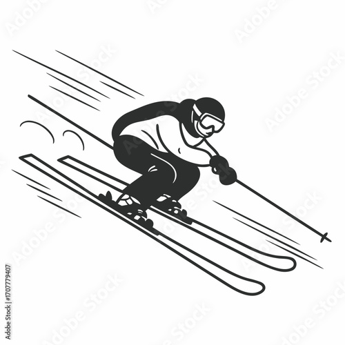 Monochrome illustration of a skier descending a slope with speed lines skiing winter sport
