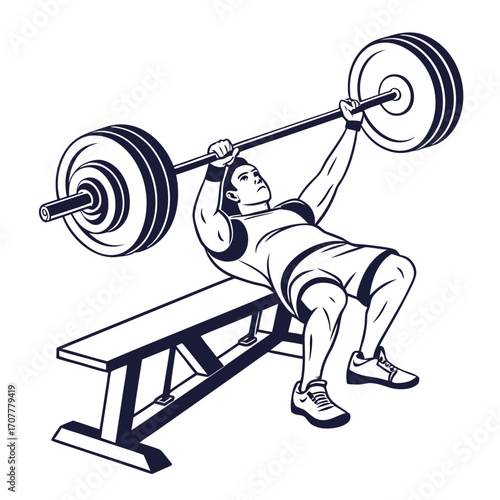 Muscular man doing bench press with barbell on weight bench in outline style Keywords: man, bench press, weightlifting, exercise, fitness, gym, workout, strength training, lifting, barbell, weight