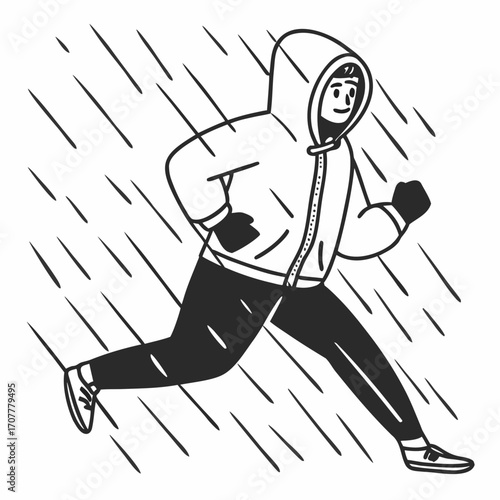 Person running in the rain wearing a hooded jacket and gloves jogging weather