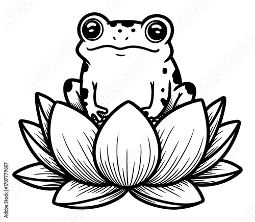 Cute Frog Sitting on Lotus Flower Cartoon Style Black and White Outline Line Art Drawing Adorable Pond Creature