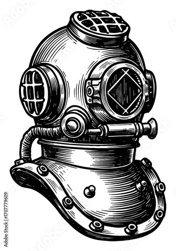 Detailed Retro Deep Sea Diving Helmet Black and White Outline Line Art Drawing Vintage Engraving Illustration