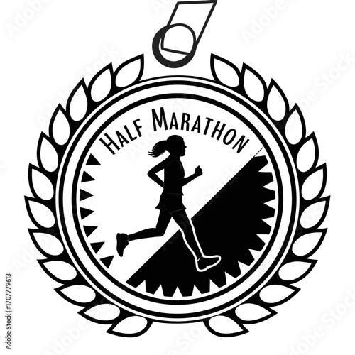 Silhouette of female runner on half marathon medal with laurel wreath award winner