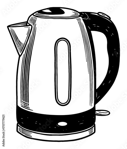 Modern Electric Kettle Kitchen Appliance Black and White Outline Line Art Drawing Engraving Style Vintage Look