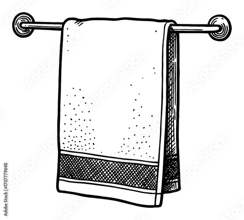 Hanging Towel on a Rod Black and White Outline Line Art Drawing with Detailed Fabric Texture
