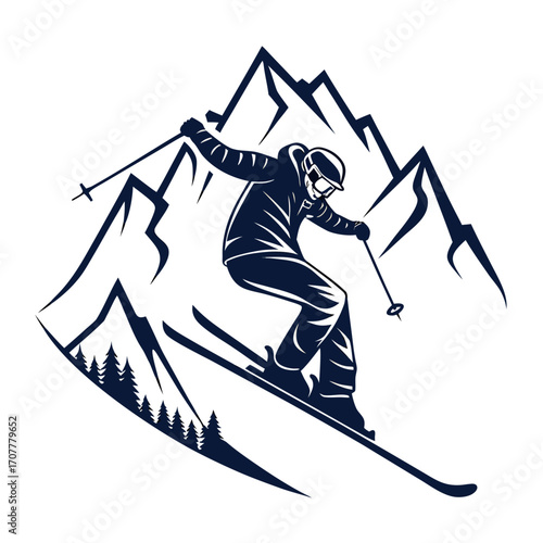 Skier descending a snowy mountain with pine trees and ski poles skiing winter
