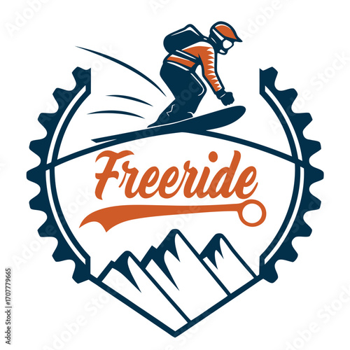 Snowboarder Freeride Emblem with Mountains and Gear Graphic logo